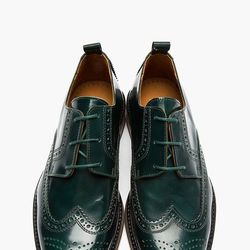 Men's Handmade Dark Green Leather Oxford Brogue Wing Tip Lace Up Derby Dress Shoes