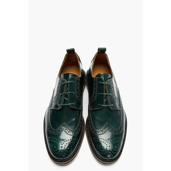 Men's Handmade  Dark Green Leather Oxford Brogue Wing Tip Lace Up Derby Dress Shoes.jpg
