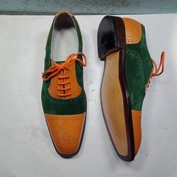 Men's Handmade Green & Brown Shoe, Toe cap Lace Up Suede Leather Formal Shoes