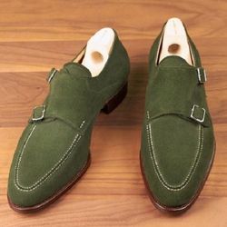 Men's Handmade reen Leather suede Monk shoes,