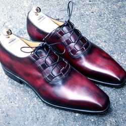 Men's Handmade Maroon Patina Leather Dress Lace Up Shoes