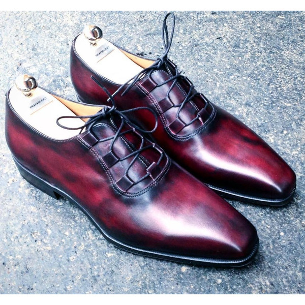 Men's Handmade  Maroon Patina Leather Dress Lace Up Shoes.jpg