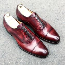 Men's Handmade Maroon Patina Leather Oxford Toe Cap Lace Up Dress Shoes