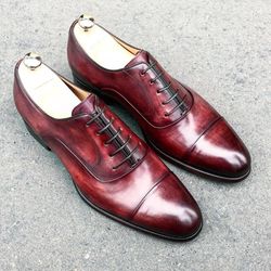 men's handmade maroon patina leather oxford toe cap lace up dress shoes