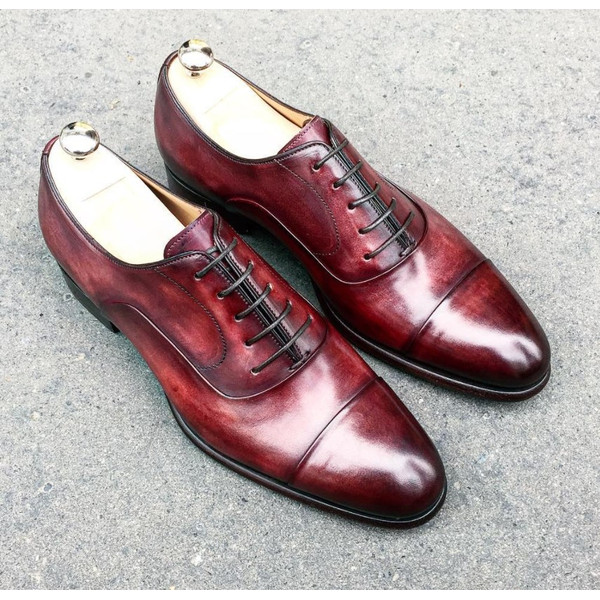 Men's Handmade  Maroon Patina Leather Oxford Toe Cap Lace Up Dress Shoes.jpg