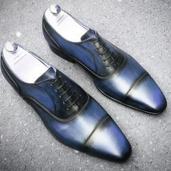 men's handmade navy blue patina leather oxford toe cap lace up dress shoes