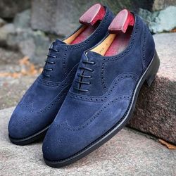 men's handmade navy blue suede lace up wing tip brogue formal shoes
