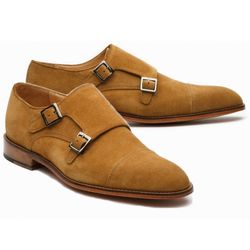 Men's Handmade Order Tan Double Buckle Strap Monk Suede Leather Party Wear Men Shoes