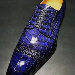 Men's Handmade Purple Patani Crocodile Print Leather Oxfdord Brogue Toe Cap Lace yup Formal Shoes
