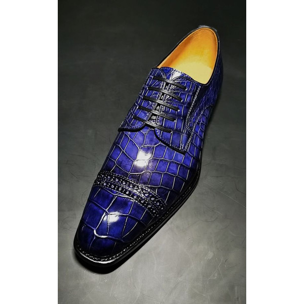 Men's Handmade  Purple Patani Crocodile Print Leather Oxfdord Brogue Toe Cap Lace yup Formal Shoes.jpg