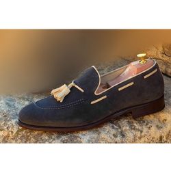 Men's Handmade Suede Moccasin ,loaferBlack Beige Tussles shoes
