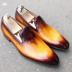 Men's Handmade Tan Patina Leather Whole Cut One PIece Loafer's, Men's Dress Moccasins