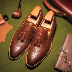 Men's Handmade Tassel Loafers Shoes In Brogue Style And Brown Color Pure Leather