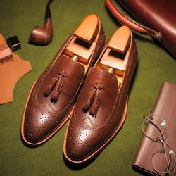 men's handmade tassel loafers shoes in brogue style and brown color pure leather