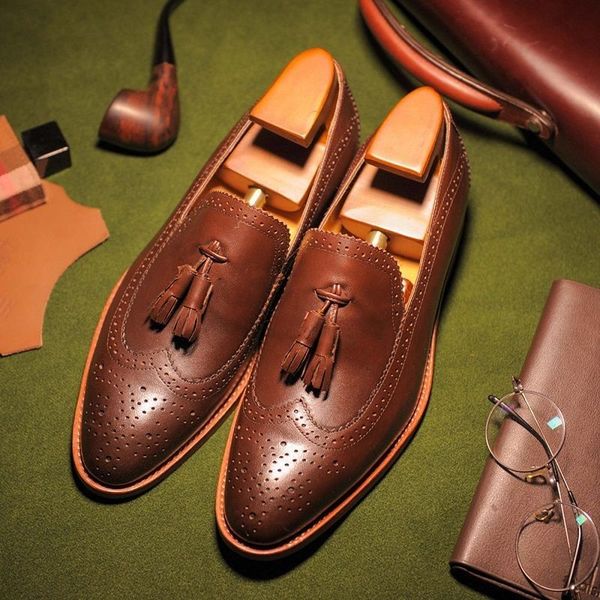 Men's Handmade  Tassel Loafers Shoes In Brogue Style And Brown Color Pure Leather.jpg