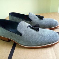 Men's Handmade Tassels Loafer Gray Leather Shoes Suede