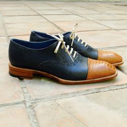 Men's Handmade Two Tone Black Leather & Tan Crocodile Print Leather Oxford Toe Cap Lace Up Formal Shoes