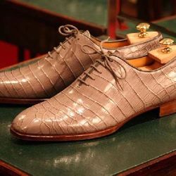 men's handmade beige crocodile print leather one piece tuxedo lace up formal shoes