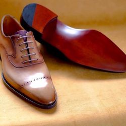 men's handmade beige patina leather oxford brogue toe cap lace up dress shoes