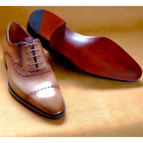 Men's Handmade Beige Patina Leather  Oxford Brogue Toe Cap  Lace up Dress Shoes.jpg