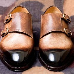 Men's Handmade Beige Patina Leather Double Buckle Monk Shoes