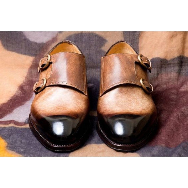 Men's Handmade Beige Patina Leather Double Buckle Monk Shoes.jpg