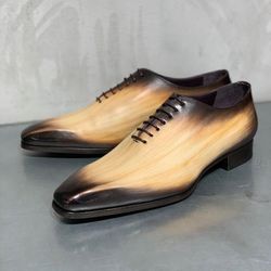 Men's Handmade Beige Patina Leather One Piece Tuxedo Lace Up Dress Shoes