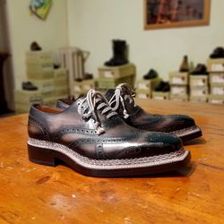 Men's Handmade Beige Patina Leather Oxford Brogue Wingitp Lace Up Hand Stitched Lace Up Dress Shoes