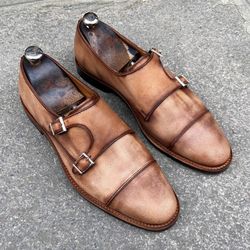 Men's Handmade Beige Patina Leather Oxford Toe Cap Double Buckle Monk Straps Dress Shoes