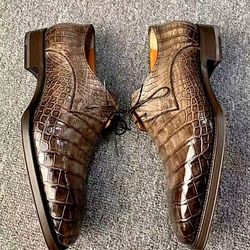 Men's Handmade Beige Patina Patina Crocodile Print Leather Lace Up Derby Dress Shoes