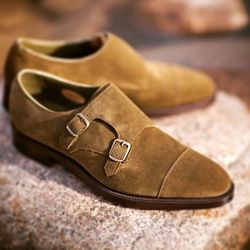 Men's Handmade Beige Suede Double Buckles Monk Strap Oxford Toe Cap Dress Shoes