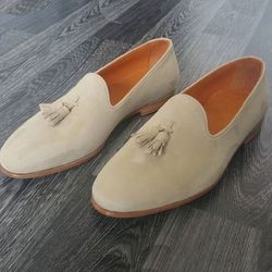 Men's Handmade Beige suede loafers, casual shoes,