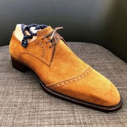 men's handmade beige suede oxford brogue toe cap lace up derby dress shoes