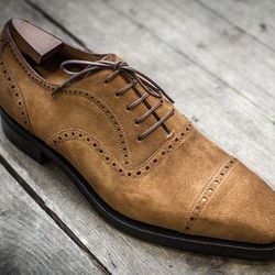 Men's Handmade Beige Suede Oxford Brogue Toe Cap Lace Up Shoes