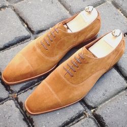 men's handmade beige suede oxford toe cap lace up dress shoes