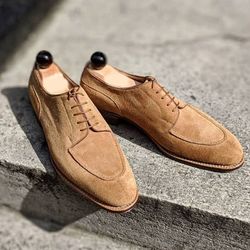 Men's Handmade Beige Suede Round Toe Dress Lace Up Derby Formal Shoes