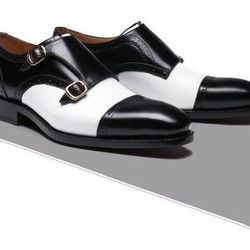 Men's Handmade Black & White Luxury Double Monk Strip Shoes