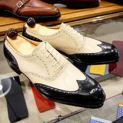 men's handmade black & white leather oxford brogue wingtip lace up dress shoes