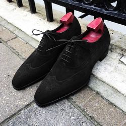 Men's Handmade Black Color Suede Shoes, Men's Wingtip Brogue Dress Formal Shoes