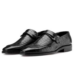 Men's Handmade Black Crocodile Print Leather Oxford Brogue Classic Loafers