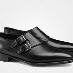 men's handmade black leather double buckle monk dress shoes