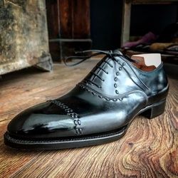 Men's Handmade Black Leather HandStitched Upper Lace Up Dress Shoes