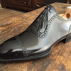 Men's Handmade Black Leather Oxford Brogue Cap Toe Lace Up Dress Shoes
