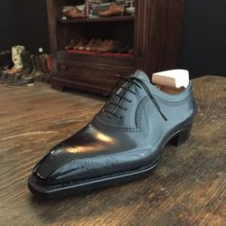 men's handmade black leather oxford brogue lace up dress shoes