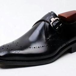 Men's Handmade Black Leather Oxford Brogue Single Buckle Straps Sheos