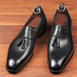 Men's Handmade Black Leather Oxford Brogue Tassels Classic Loafer's