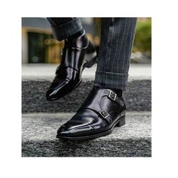 Men's Handmade Black Leather Oxford Brogue Toe Cap Double Buckle Monk Straps Dress Shoes