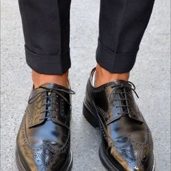 men's handmade black leather oxford brogue wing tip lace up derby dress shoes