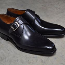 Men's Handmade Black Leather Single Buckle Monk Strap Dress Shoes