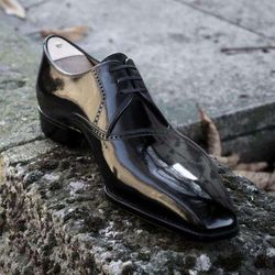 Men's Handmade Black Patent Leather Oxford Brogue Lace Up Derby Dress Shoes